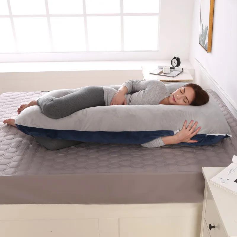 Coussin de maternité gris bleu 120x70cm - Coussin de grossesse en peluche douce pour dormir, soutien
