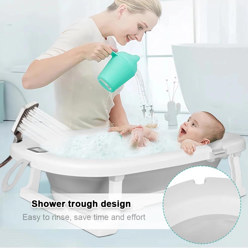 Baignoire bébé pliable avec thermomètre intégré - Coussin de bain confortable cadeau naissance