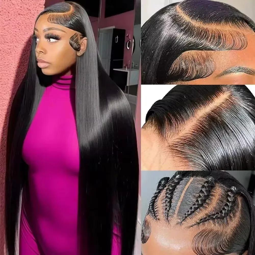 Perruque Lace Frontal Wig naturelle brésilienne lisse, cheveux lisses, 13x4, 13x6, 13x6, pre-plucked