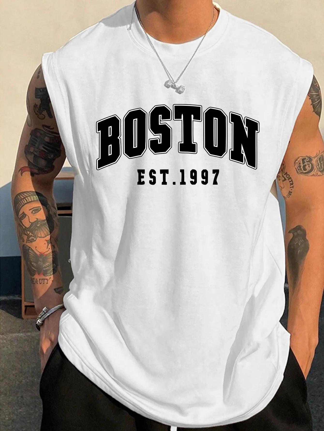 Gilet sans manches à col rond pour hommes, mode d'été, sport décontracté, ample, imprimé Boston est