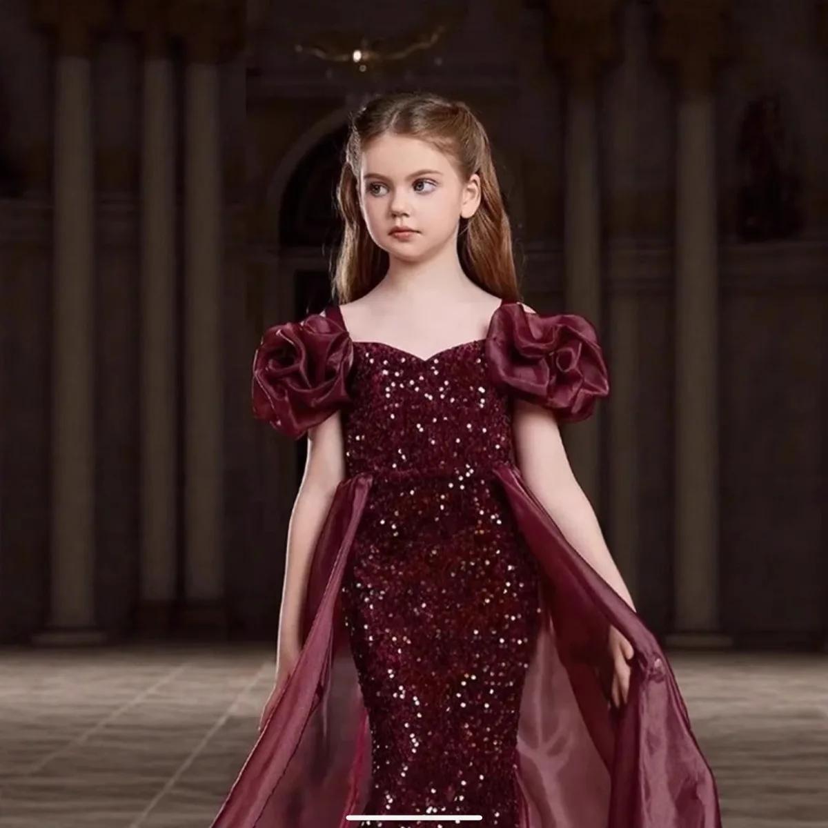 Nouvelle robe de princesse sirène à paillettes pour filles 2026, robe élégante rouge pour spectacle