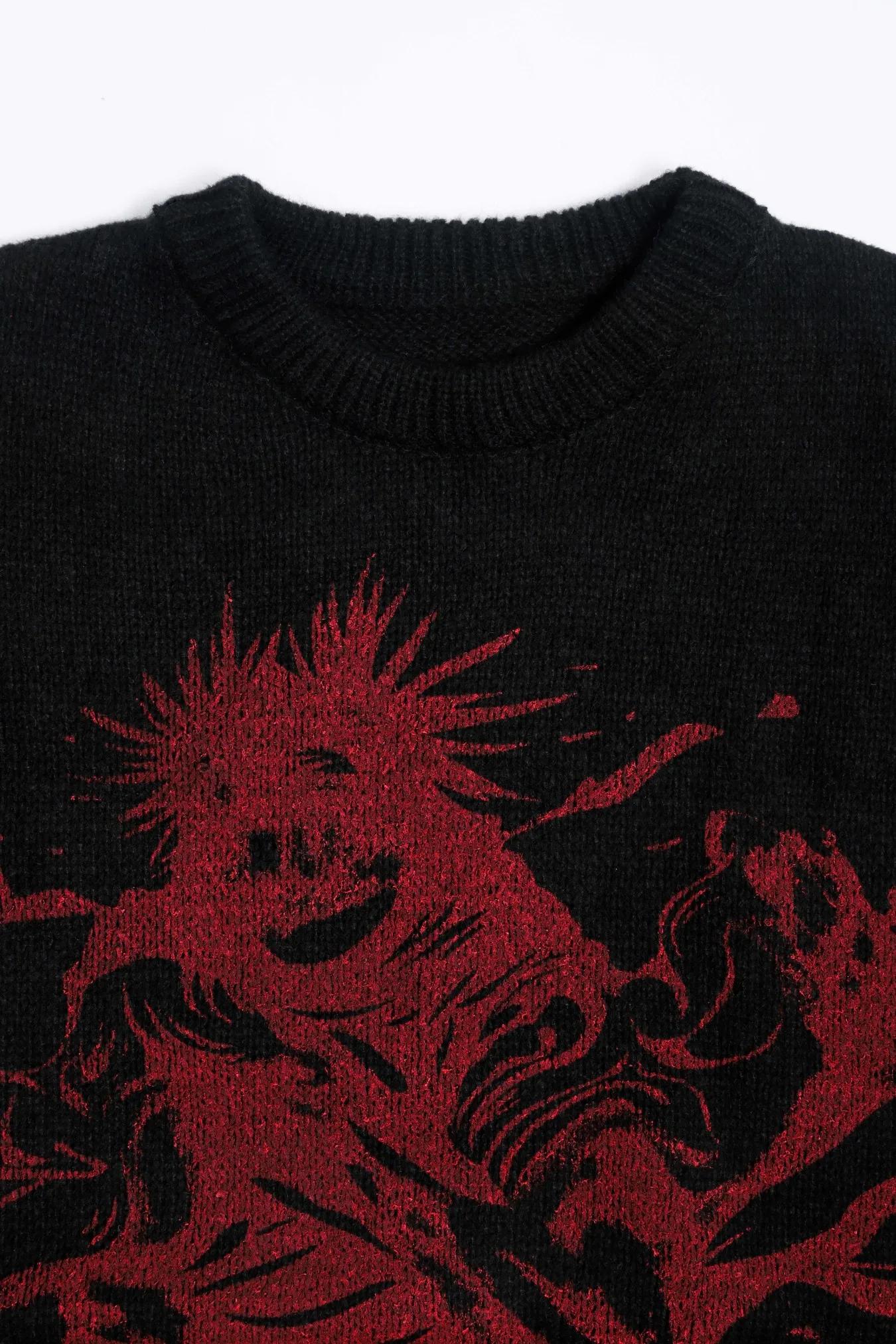 Pull en tricot graphique noir et rouge pour hommes, col rond, surdimensionné, décontracté, manches l