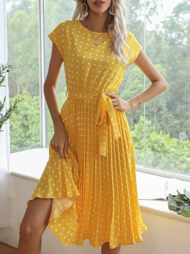 Benuynffy-Robe trapèze ceinturée à pois pour femmes, col rond, manches cape, longueur genou, froncée
