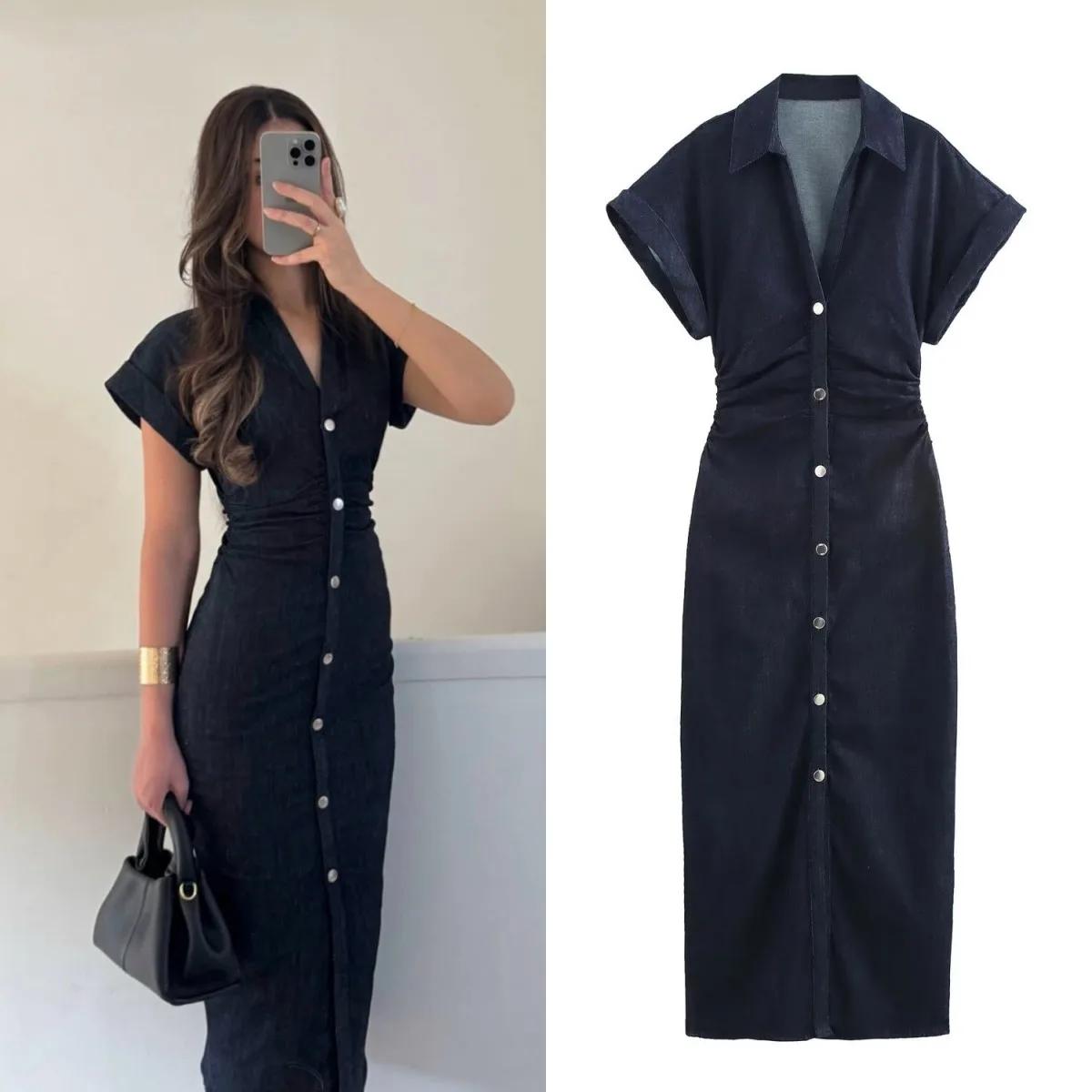 ETJ 2025 printemps nouvelle série 1975 robe MIDI en denim avec revers côté fermeture éclair mode rid