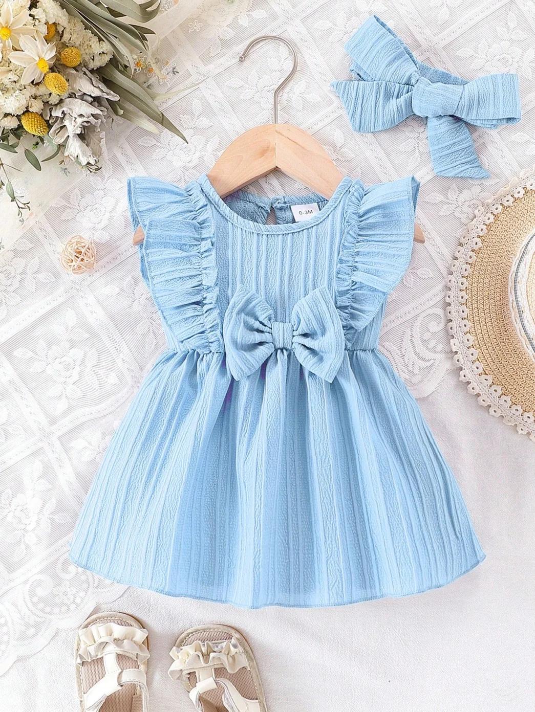 Robe d'été bleue pour bébé fille, avec bords à volants et nœud, robe de Style doux et mignon, adapté