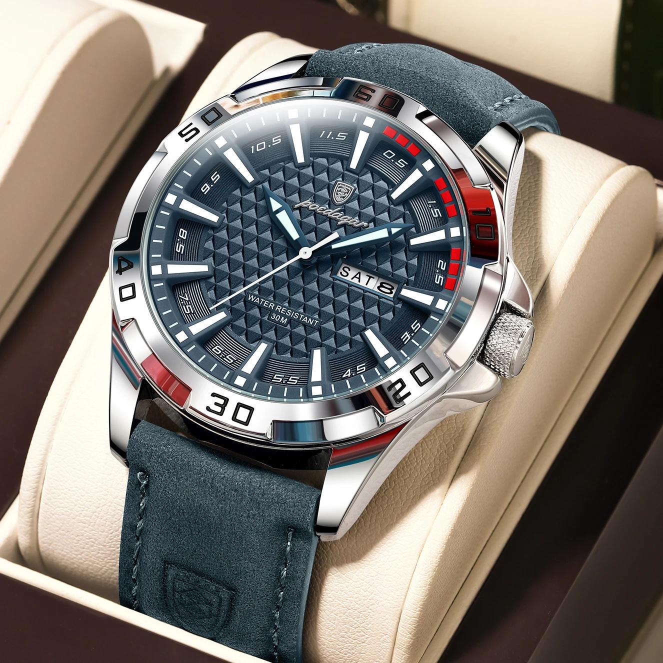 POEDAGAR Original hommes montre de luxe étanche lumineux Date semaine montre pour homme Quartz cuir