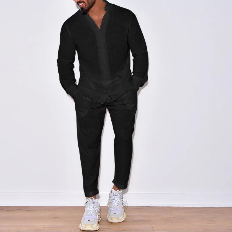 Ensemble chemise respirante à manches longues pour hommes, 100% coton, couleur unie, pantalon décont