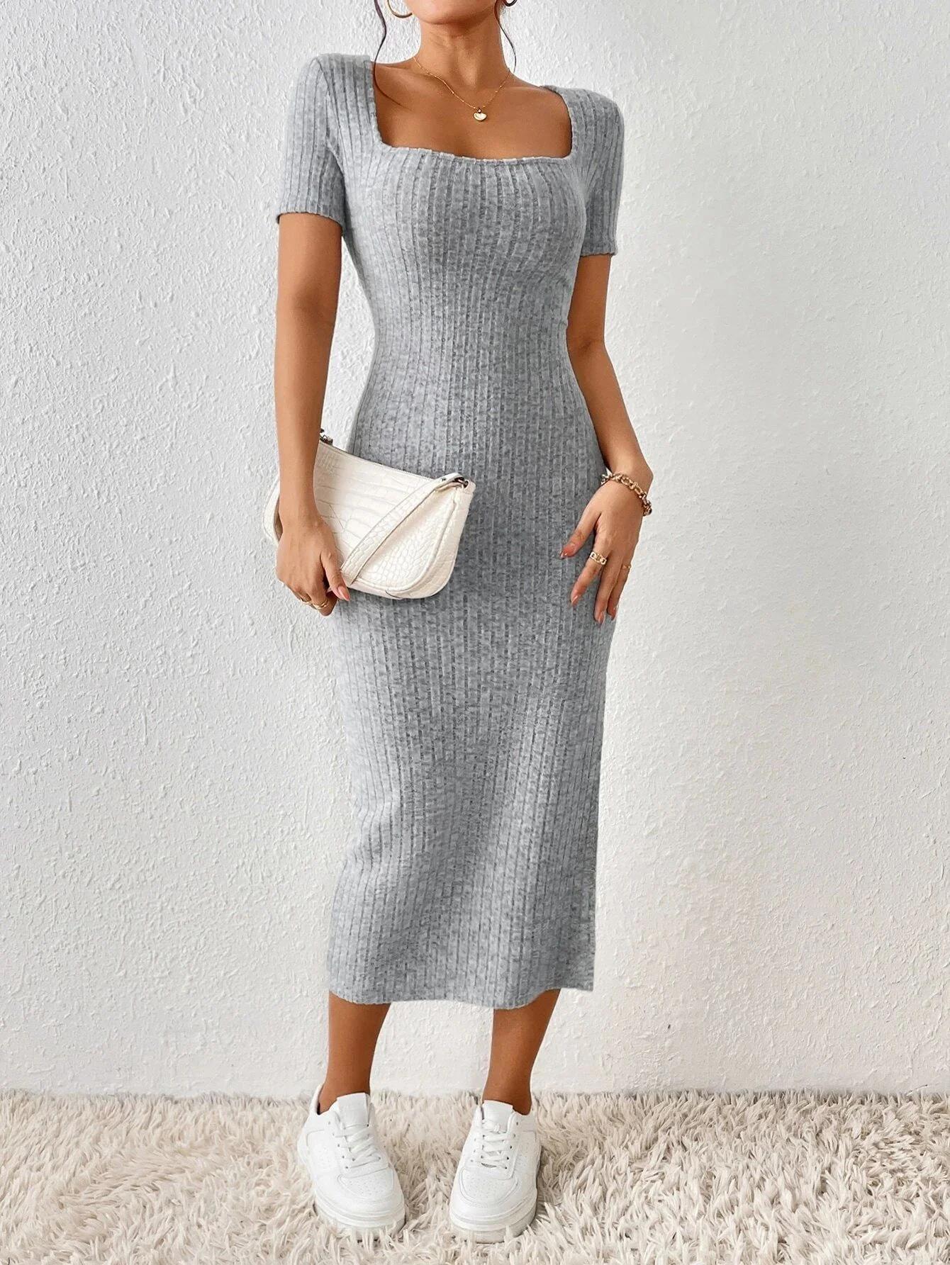 Robe tricotée pour femme, style printemps-été, décontractée, à manches courtes, col carré, fente lat