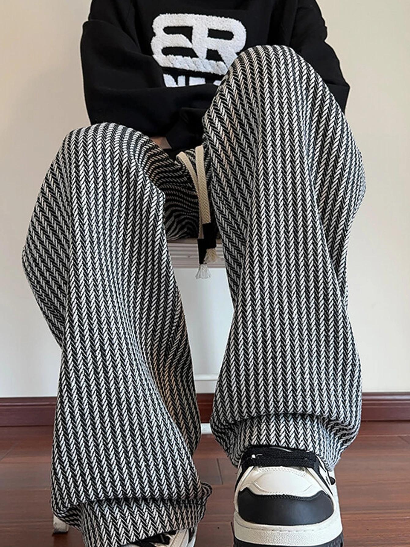 Pantalon rayé décontracté d'automne pour hommes, pantalon tissé avec ceinture élastique à cordon de