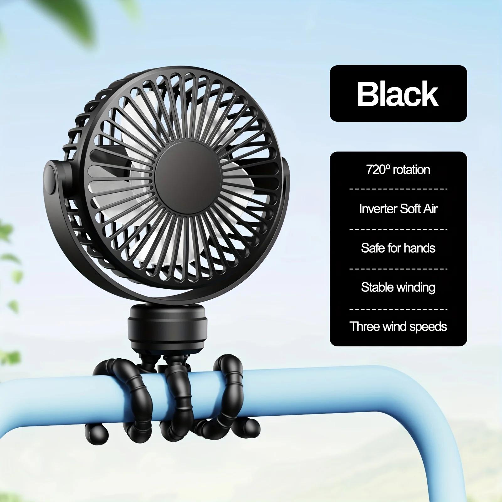 Mini ventilateur portable flexible sur trépied, rechargeable, 3 vitesses, pour poussette, avec rotat