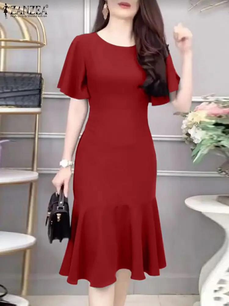 ZANZEA – Robe sirène élégante pour femmes, mode, manches courtes, col rond, ourlet à volants, ajusté