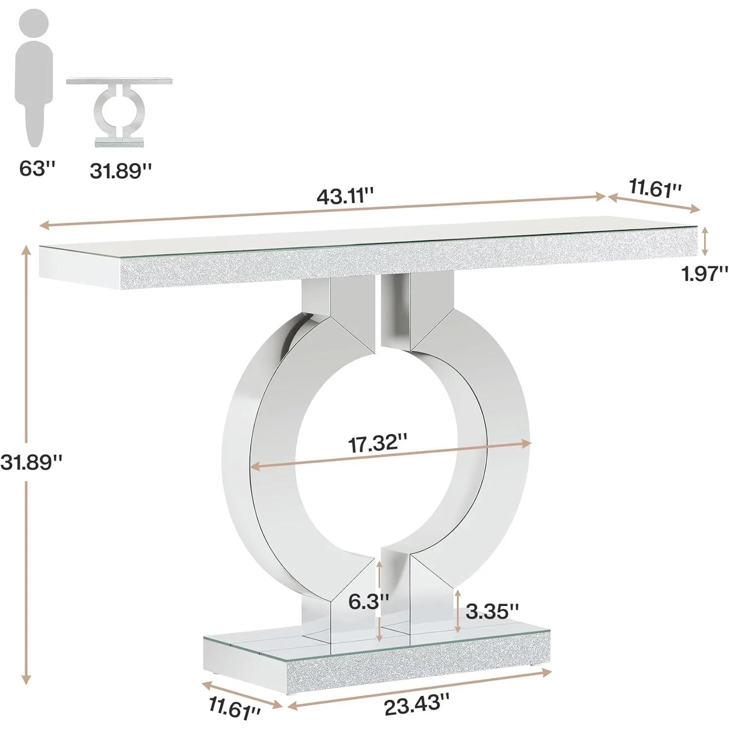 Table console en miroir avec base en forme de O, table d'entrée, table de canapé en verre avec finit