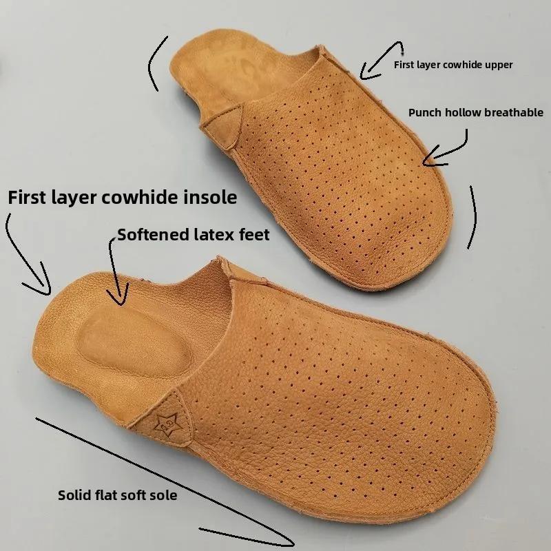 Pantoufles mules en cuir naturel pour hommes, pantoufles d'été en cuir de vache creux, respirant, fo