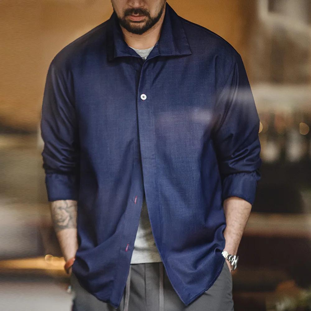 Maden-Chemise en Denim à Manches sulfet Col Rabattu pour Homme, Manteau de Printemps Bleu, Vêtement