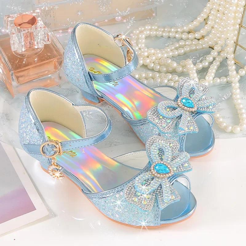 Sandales d'été à talons pour filles, chaussures à paillettes brillantes avec strass, chaussures de d