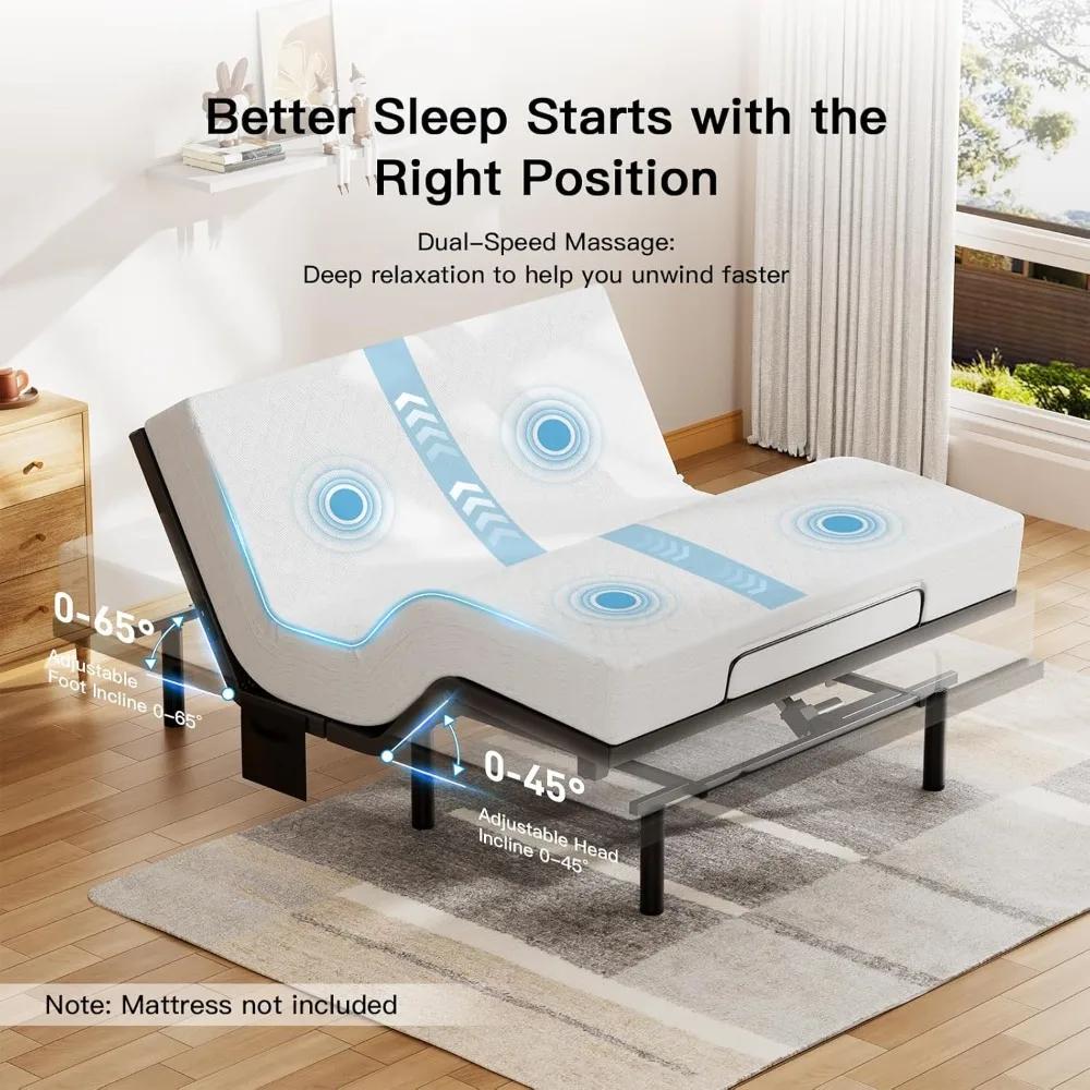 Cadre de lit Queen réglable avec massage, sommier électrique avec inclinaison tête et pied, ports US