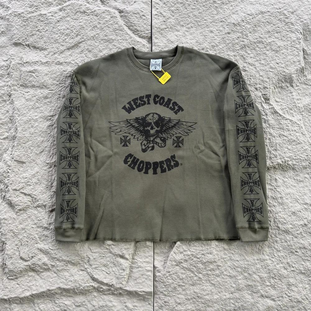 T-shirt ample à manches longues pour homme, style américain vintage, imprimé en tissu gaufré, décont
