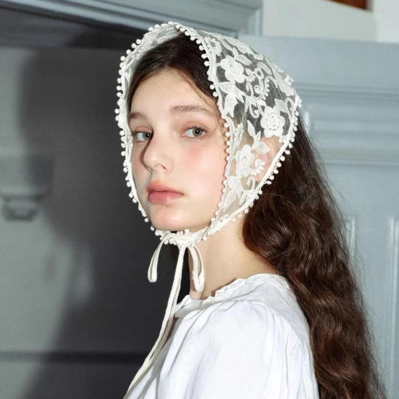 Foulard en dentelle florale tissée blanche pour femmes, enveloppe rétro Triangle, chapeau, bandeau P