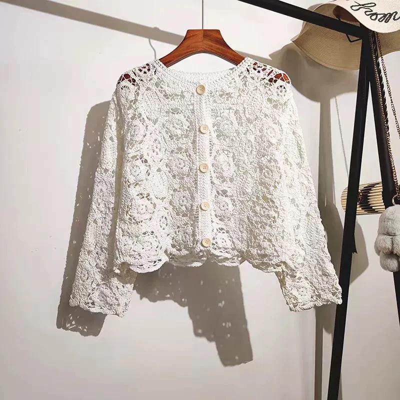 Manches longues Crochet haut en tricot plage Bikini couvrir boutonné Cardigan Blouse femmes blusas p