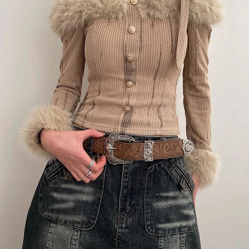 Ceinture Vintage en cuir PU marron occidental pour femme, ceinture de taille Cowgirl avec boucle en