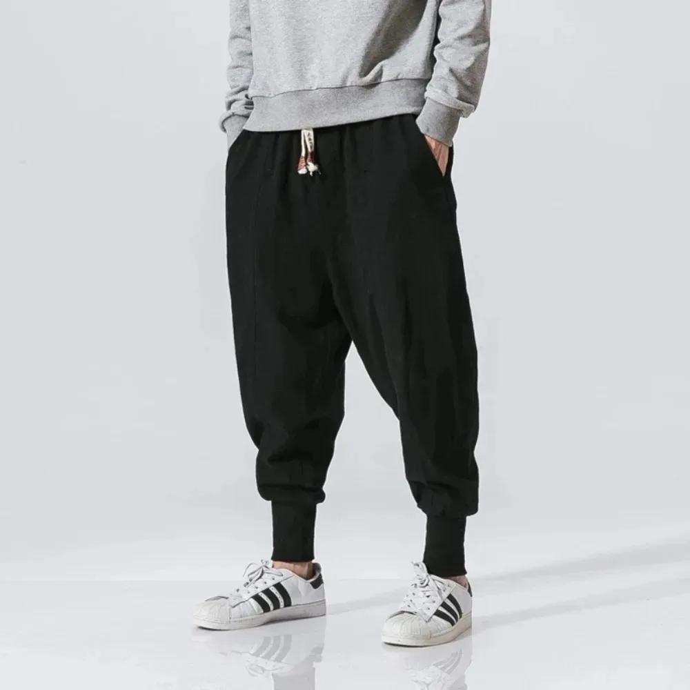 Hommes sarouel Streetwear coton lin Joggers nouveau Baggy Hip Hop mode pantalon décontracté solide p