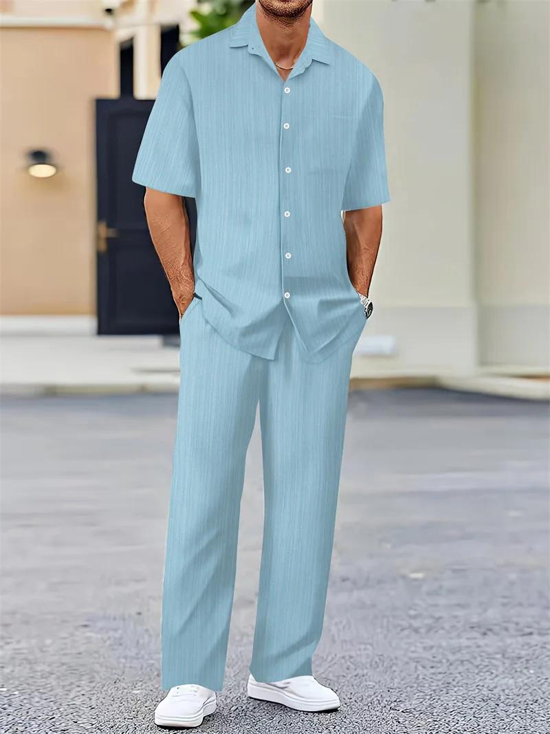Printemps été hommes ensembles cardigan à manches courtes chemise à revers + pantalon costume hommes