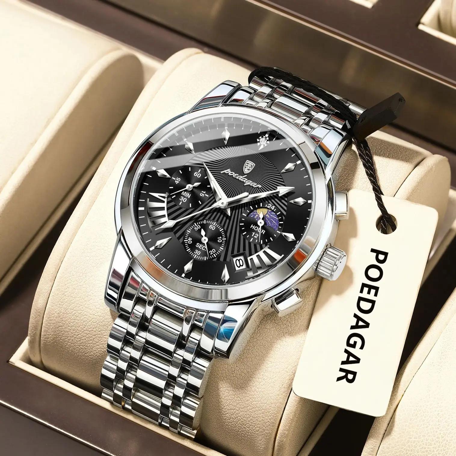 POEDAGAR Original militaire hommes montres étanche lumineux Date chronographe homme montre en acier