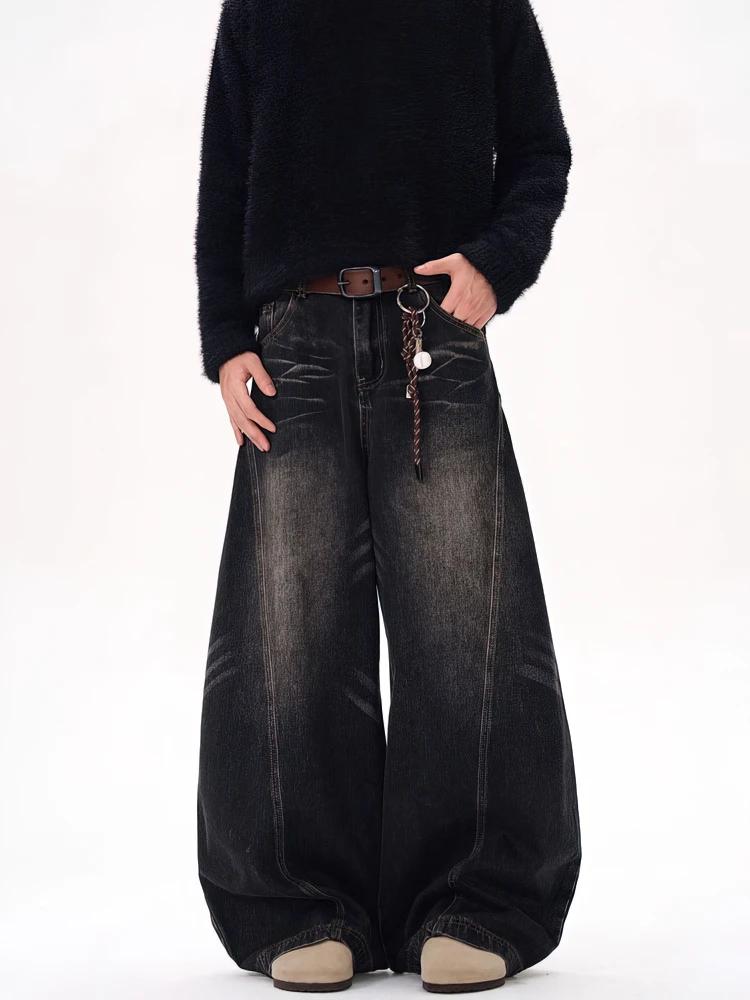 Vintage noir lavé Baggy jean pantalon hommes jambe large lame incurvée pantalon Streetwear Cowboy dé