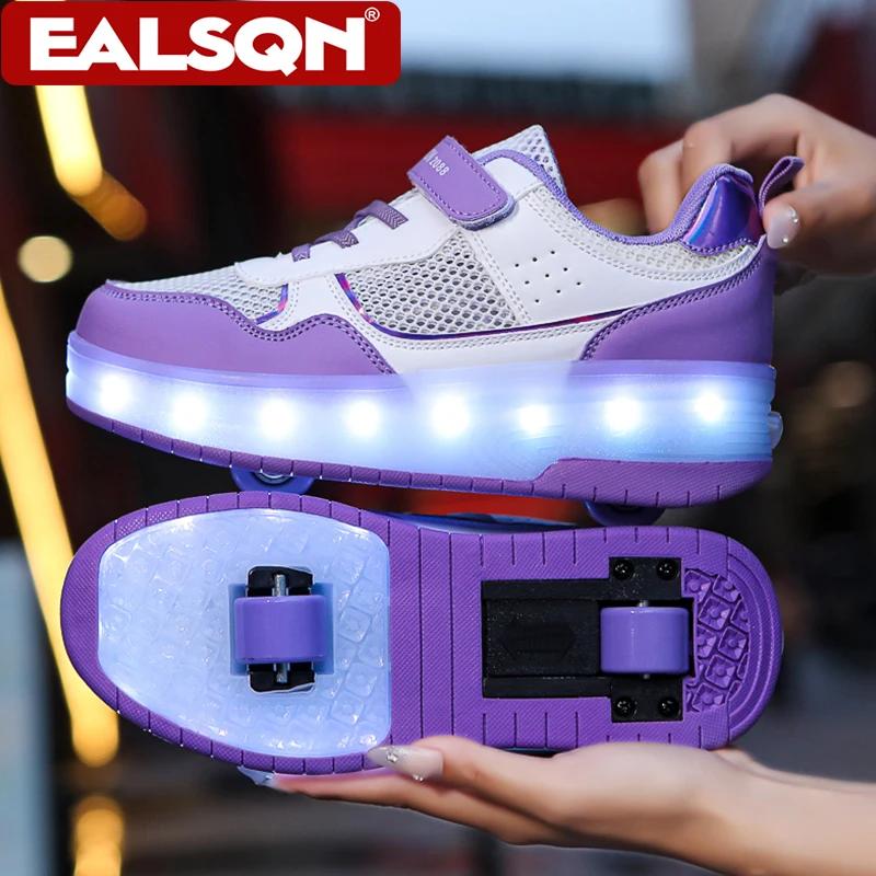 Baskets lumineuses d'été respirantes pour enfants, chaussures à roulettes à deux roues pour filles,