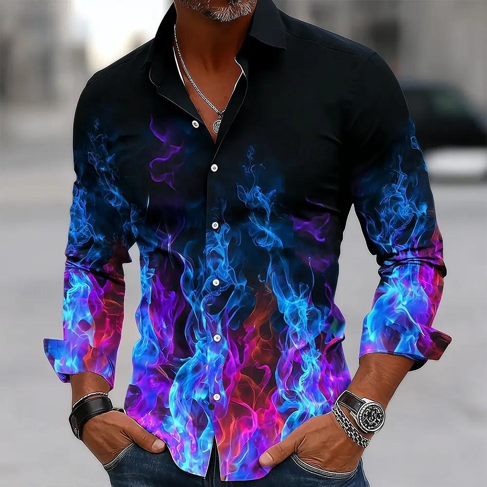 Hip Hop flamme impression chemise hommes Streetwear 2025 mode à manches longues hauts urbain à la mo