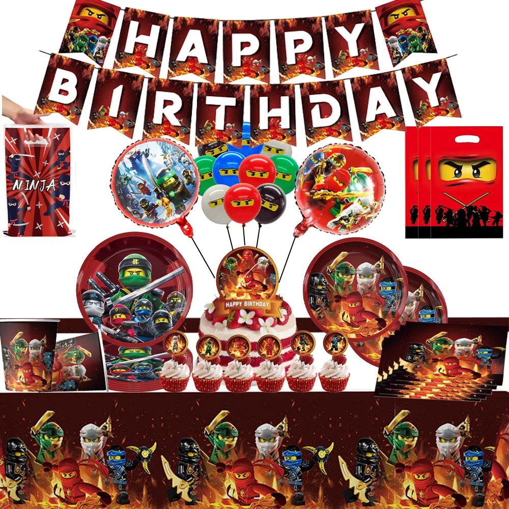 Décorations de fête d'anniversaire sur le thème de Ninjago, ballons Ninja, vaisselle, assiettes en p