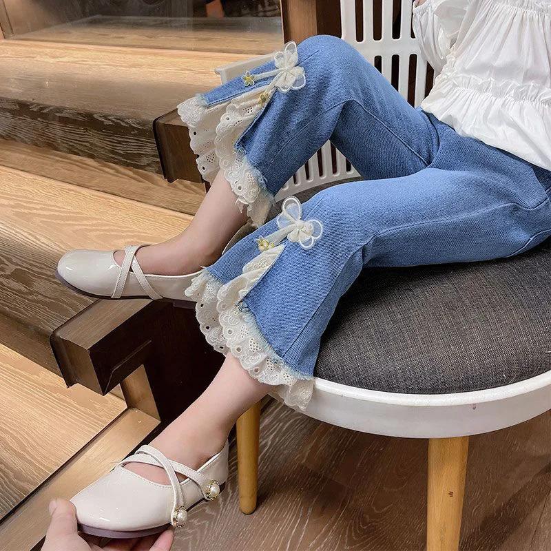 Jeans en dentelle perlée pour adolescentes, pantalons en denim pour filles, pantalons monochromes à
