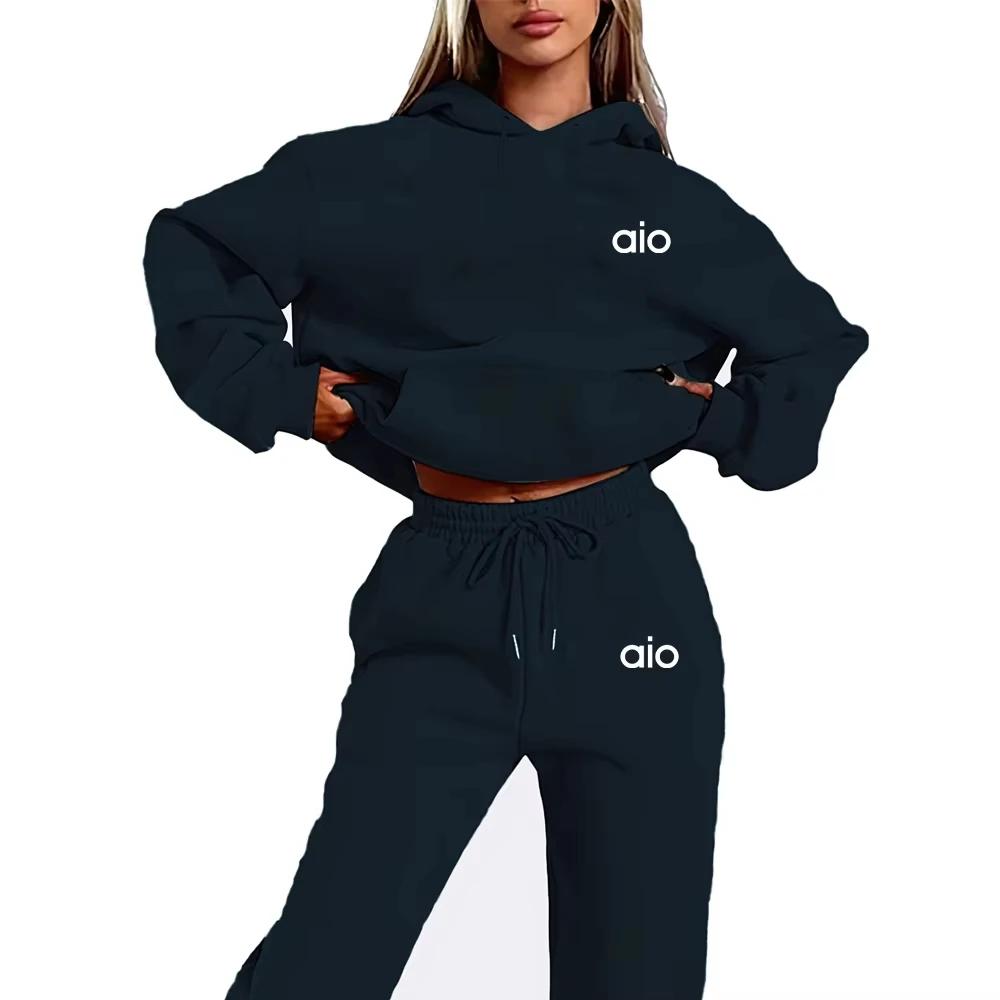 Ai impression haute qualité femmes Monochrome sweat à capuche ensemble décontracté deux pièces ensem