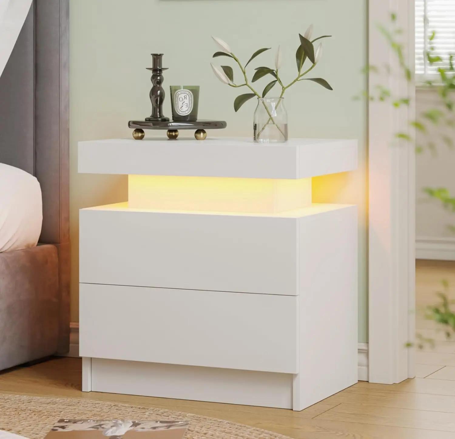 Table de chevet LED blanche, table de chevet moderne pour chambre à coucher avec 2 tiroirs en bois,