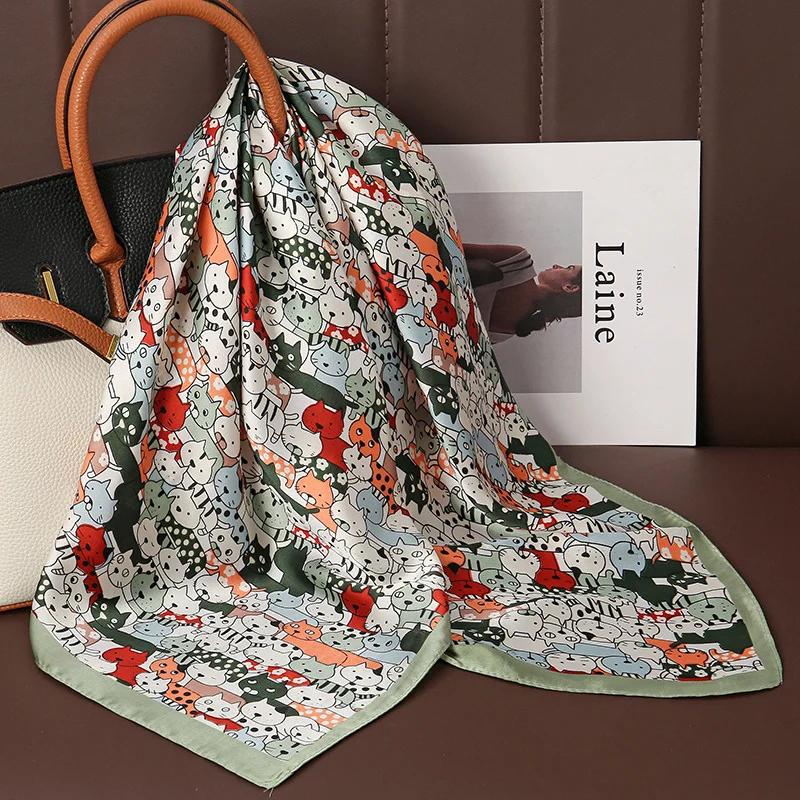 Foulard carré en Satin de soie imprimé de luxe pour femmes, châle Hijab, ruban pour cheveux, bandeau
