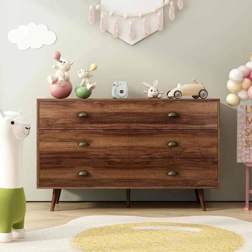 Commode en noyer brun pour chambre à coucher, commode à 6 tiroirs avec larges tiroirs et boutons en
