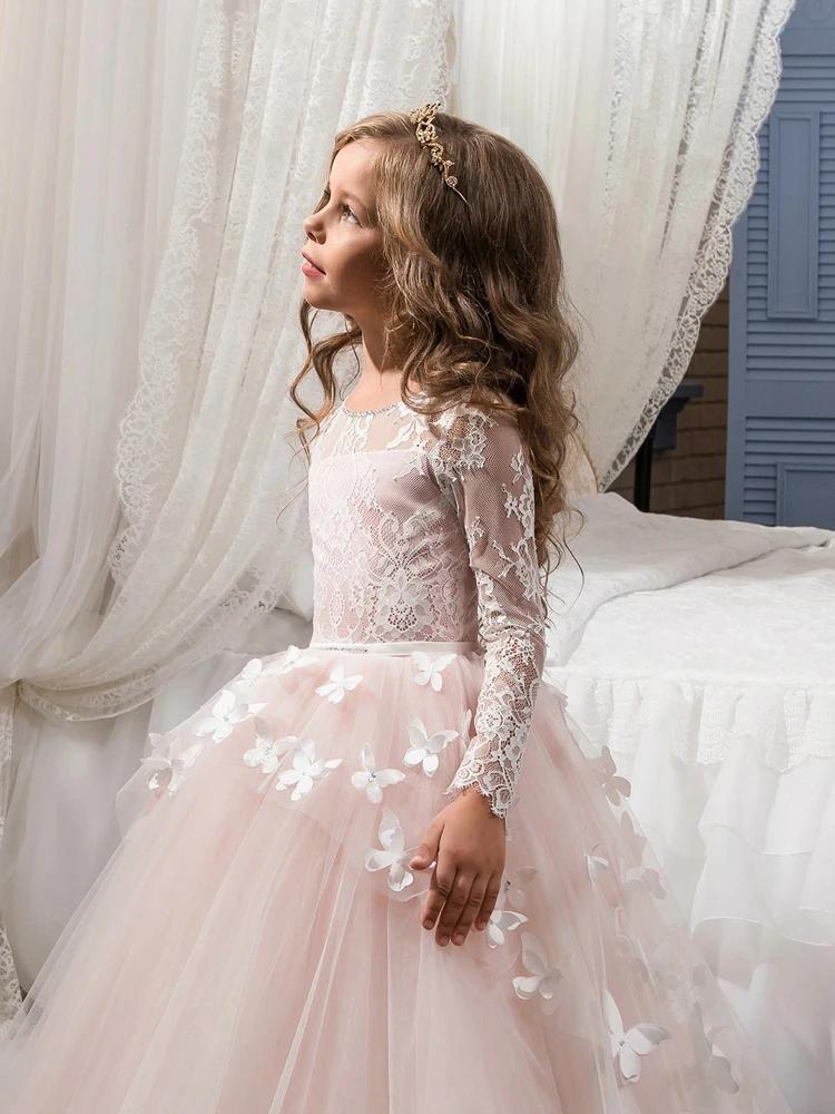 Robe de mariée élégante et ravissante pour fille de fleur, robe de bal en dentelle à manches longues