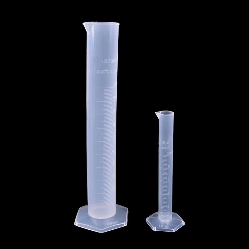 Tube gradué de test de laboratoire en plastique, intervalles de mesure, 10 ml, 25 ml, 50ml, 100 ml,