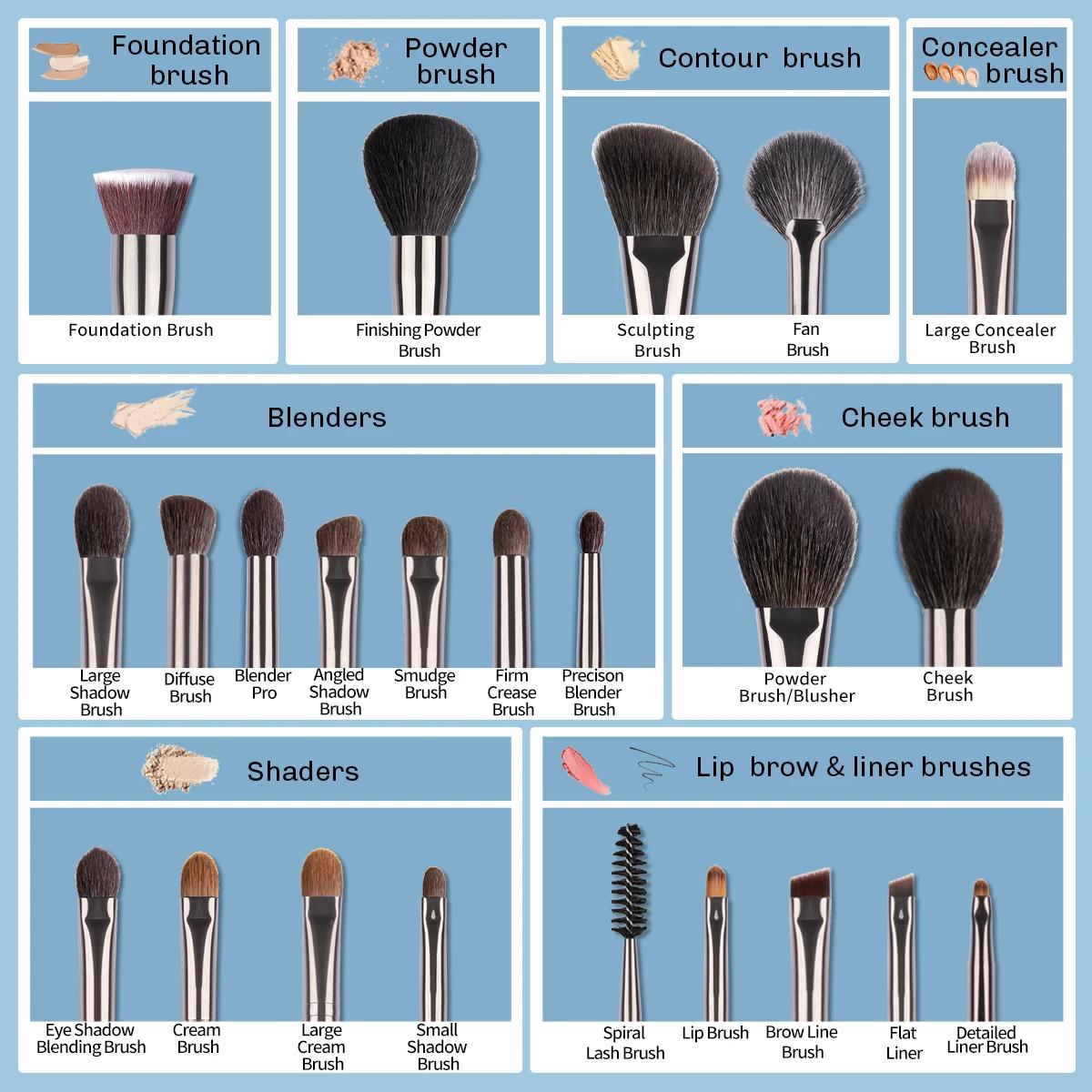 OVW pinceaux de maquillage ensemble 24 pièces poudre de cheveux de chèvre naturelle fond de teint Co