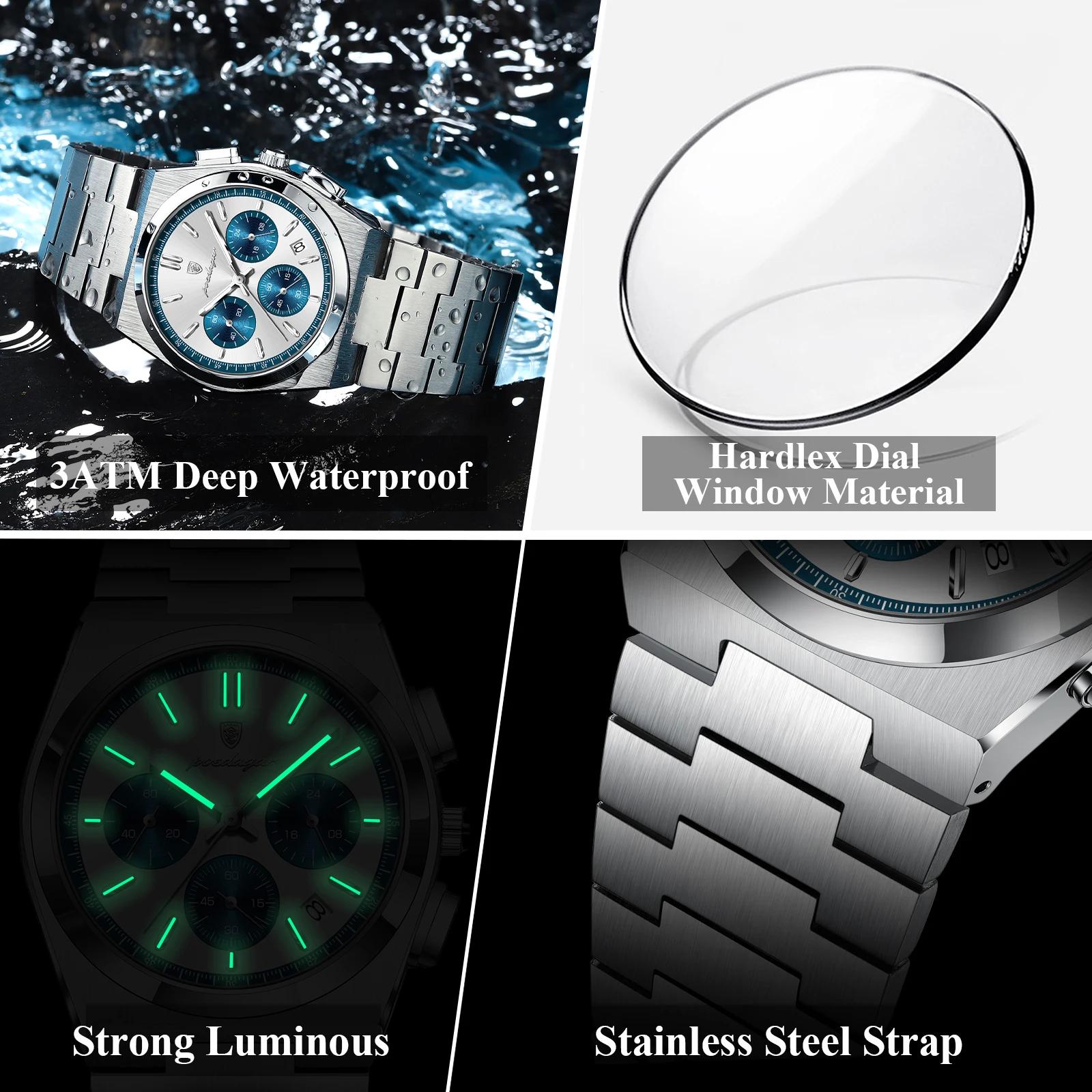 POEDAGAR montre de luxe homme chronographe Date acier inoxydable Sport hommes montre-bracelet étanch