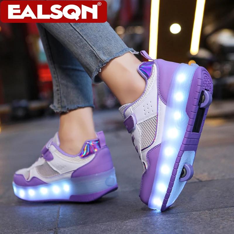 Baskets lumineuses d'été respirantes pour enfants, chaussures à roulettes à deux roues pour filles,