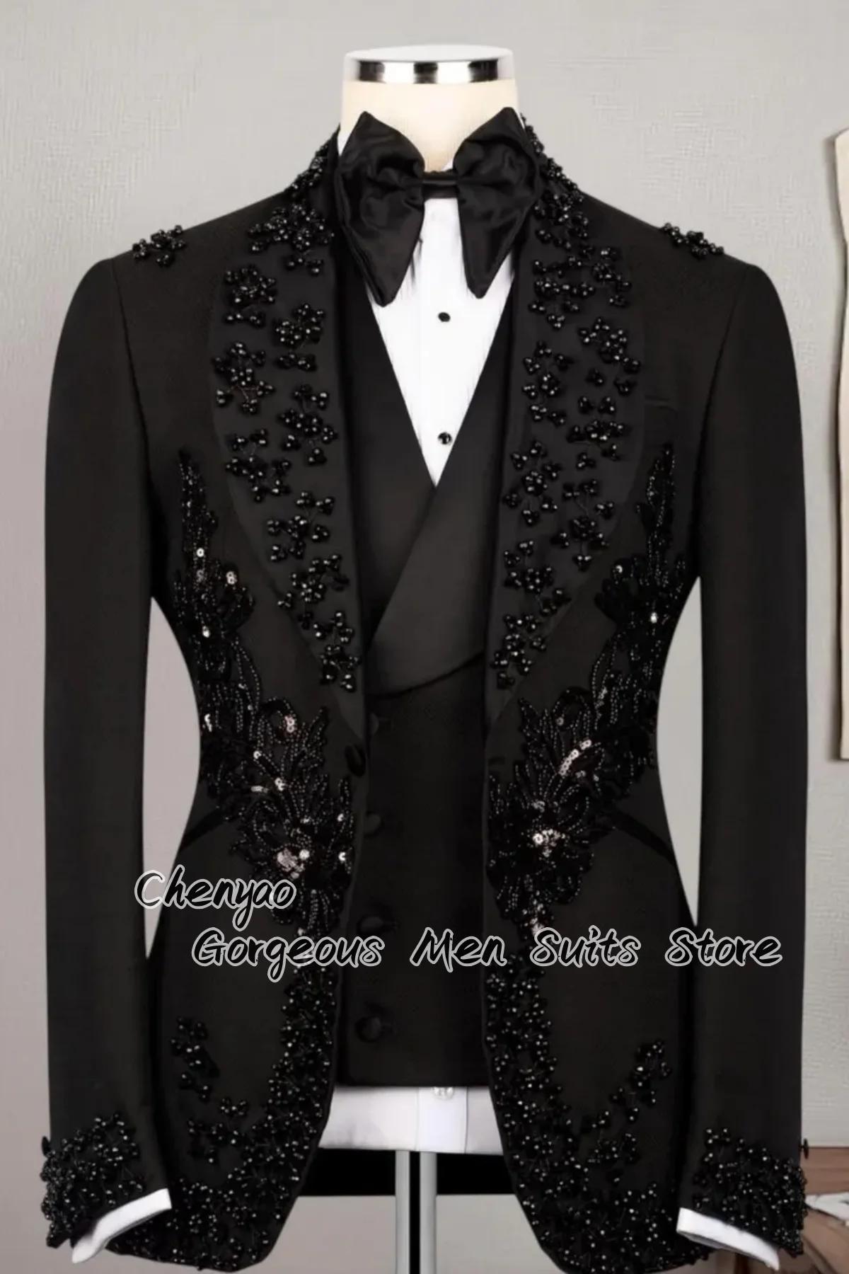 Costumes pour hommes de luxe ornés de strass et de perles, ensembles 3 pièces, sur mesure, pour mari