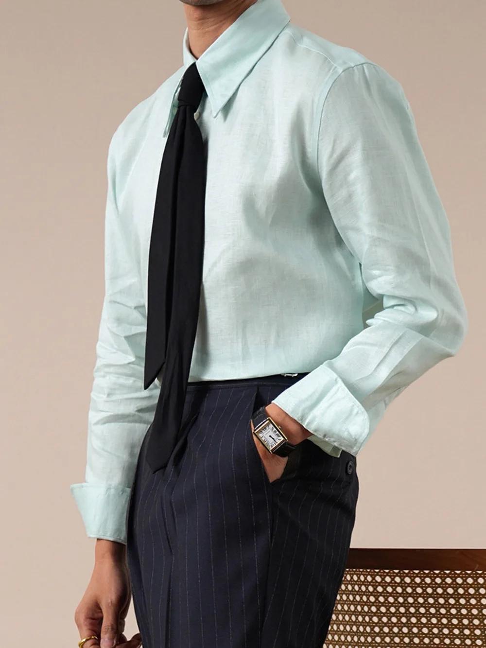 Chemises pour hommes 100% lin de haute qualité, manches longues, col italien pointu, respirantes, ch