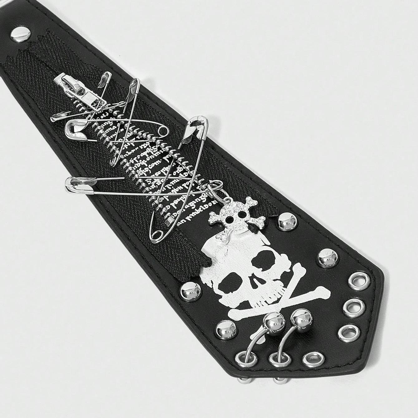 Cravate Y2K Punk pour Hommes et Femmes, avec Fermeture Éclair Cloutée, Imprimé Crâne et Lettres, Acc