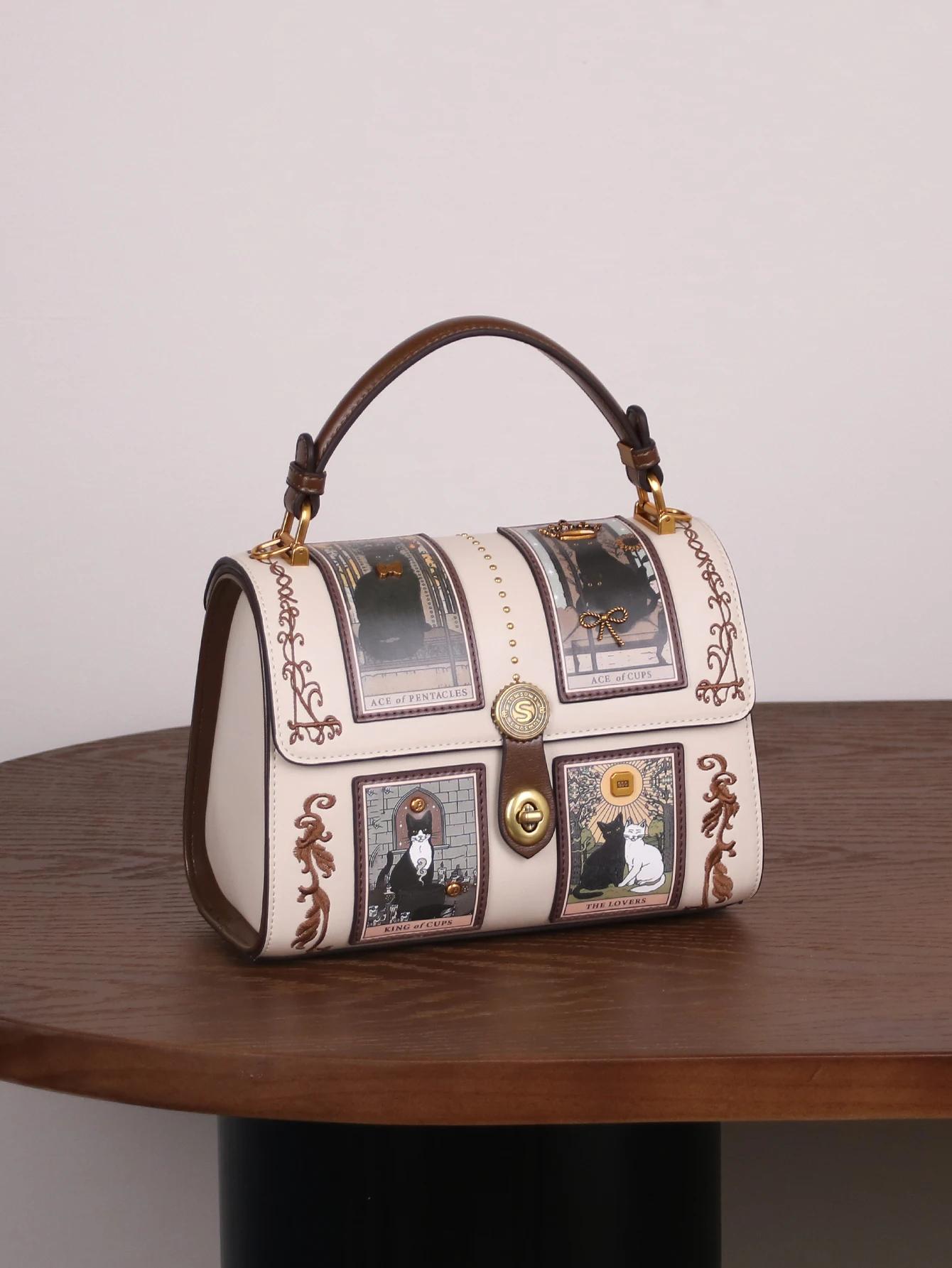 Nouveau sac à main de luxe pour femme 2026, style rétro, sac Boston Tarot, motif chat mignon, sac do