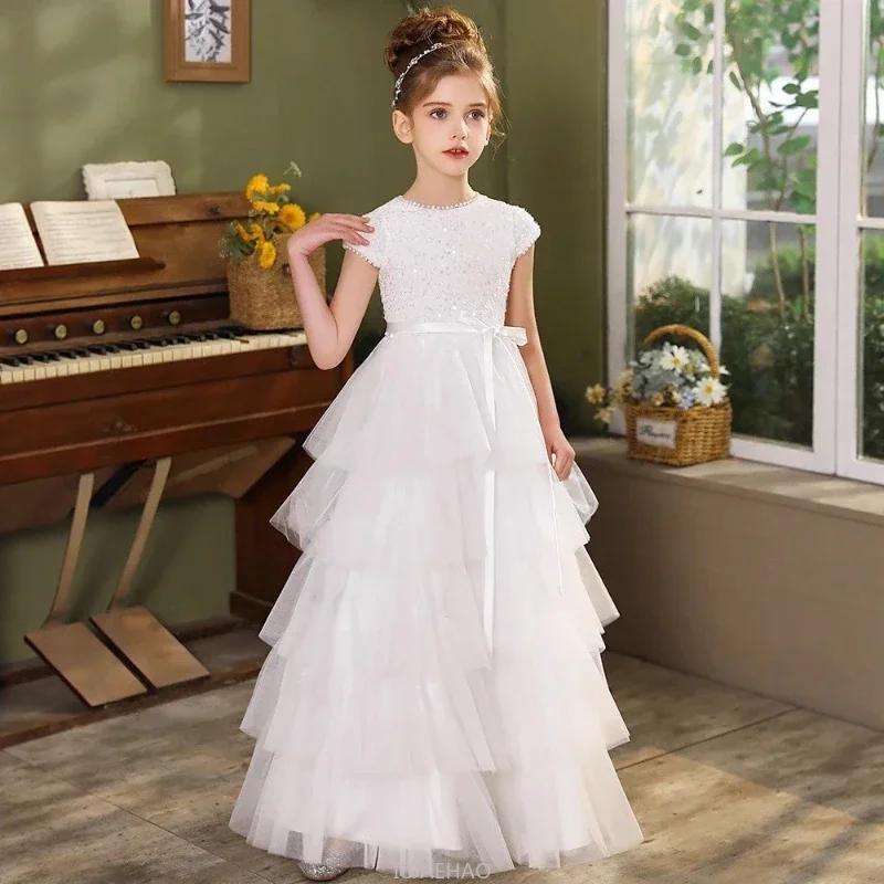 Robe de mariée blanche pour filles, robes de gâteau pour enfants, robe de princesse de fête d'annive