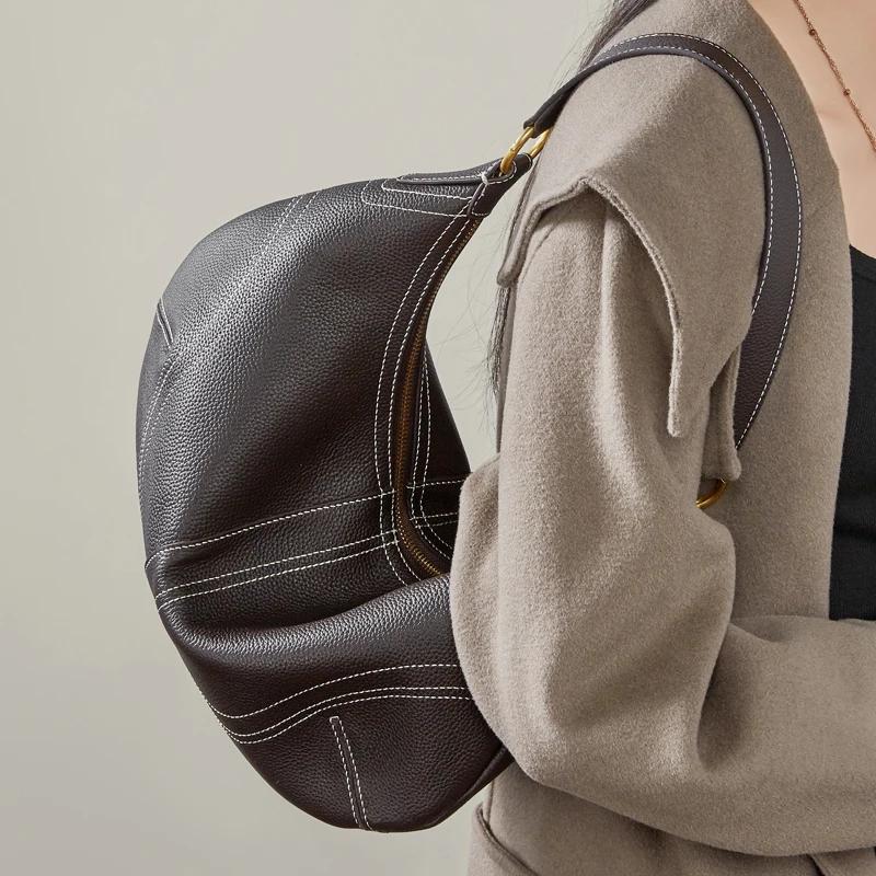 HIFASHION Sacs à bandoulière demi-lune en cuir de vachette véritable pour femmes, tendance 2026, sac