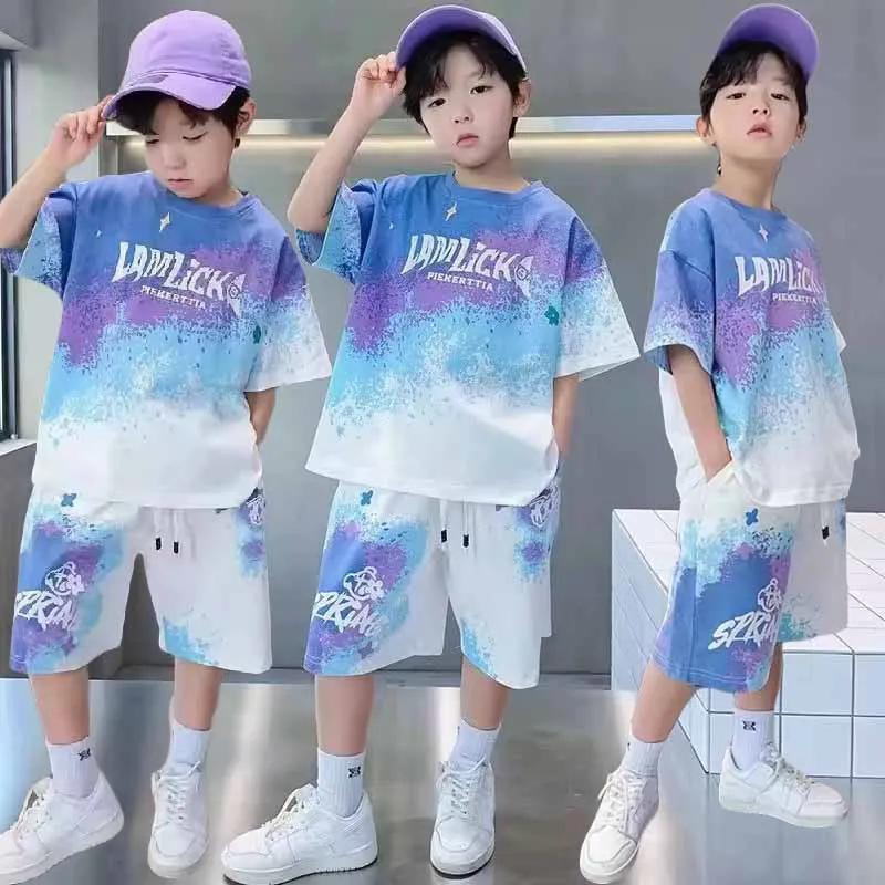 Ensemble ample et décontracté pour garçons, T-shirt + Short dégradé, 2 pièces, vêtements de Sport à