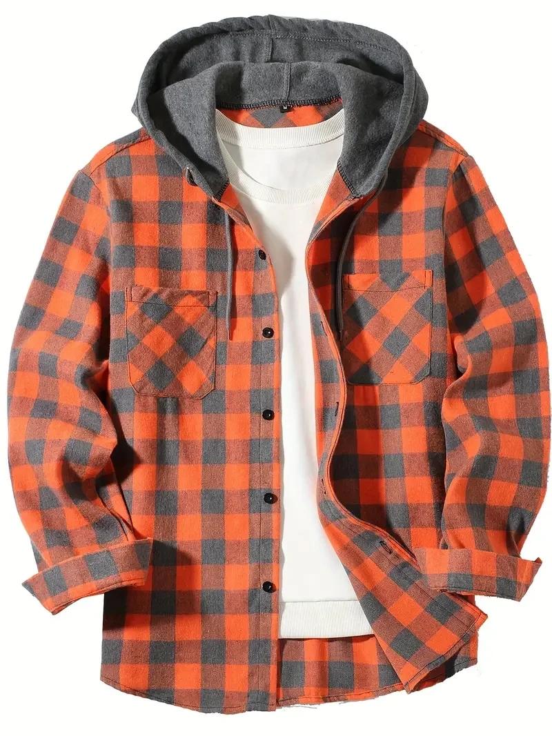 Chemise à carreaux à capuche coupe couvertes pour hommes, chemise à manches longues, chemise de voya