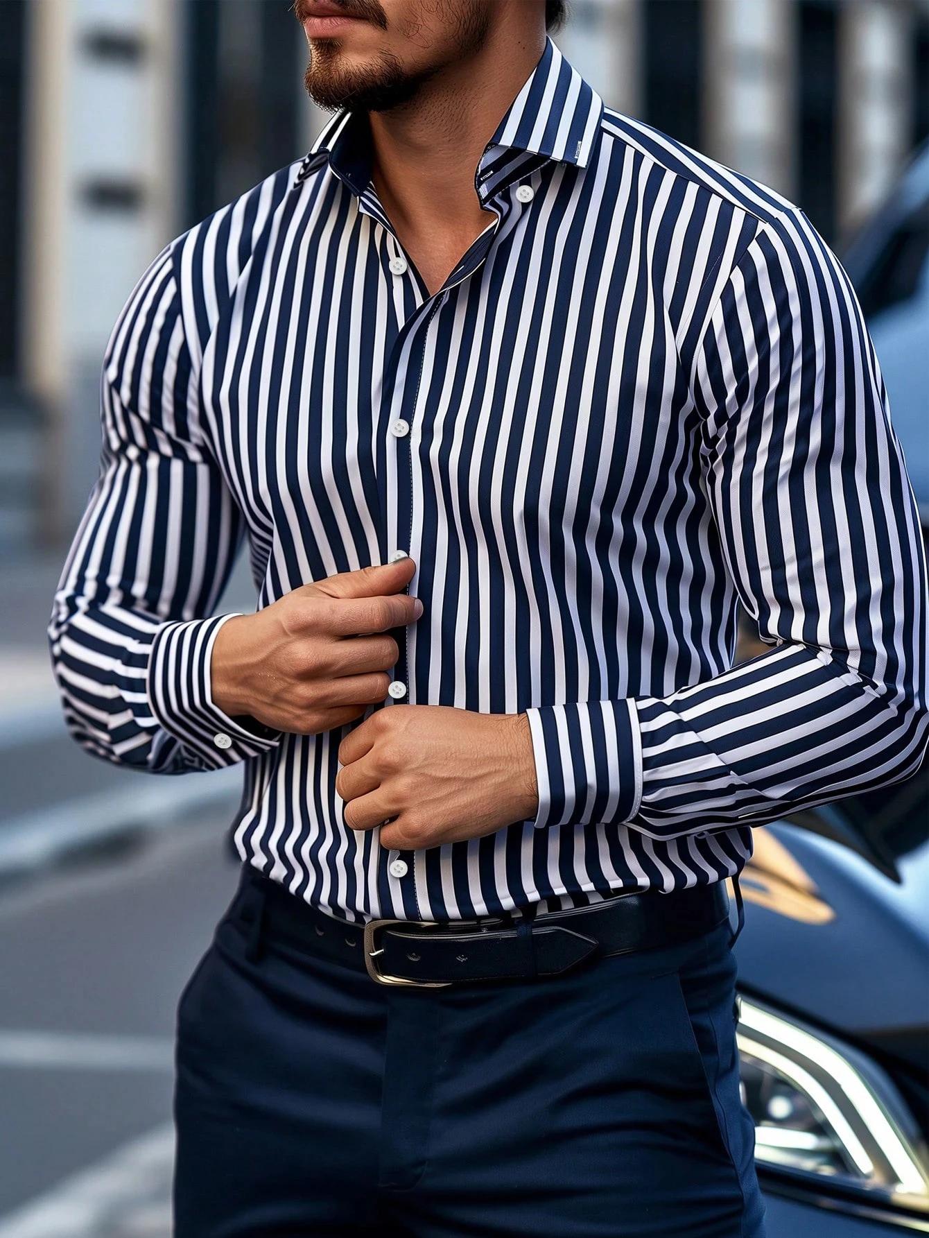  Chemise habillée rayée pour hommes, simple boutonnage, manches longues, tenue de bureau décontra